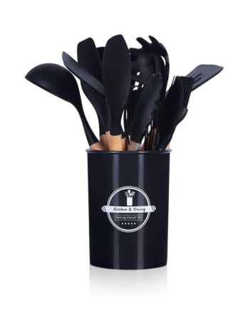 Jogo Utensílios de Cozinha Silicone Cabo de Madeira MM House (Preto)